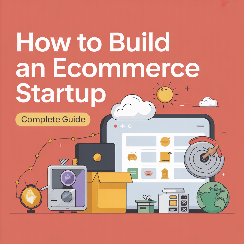 How to Build an Ecommerce Startup - Complete Guide with laptop, shopping cart, and business elements